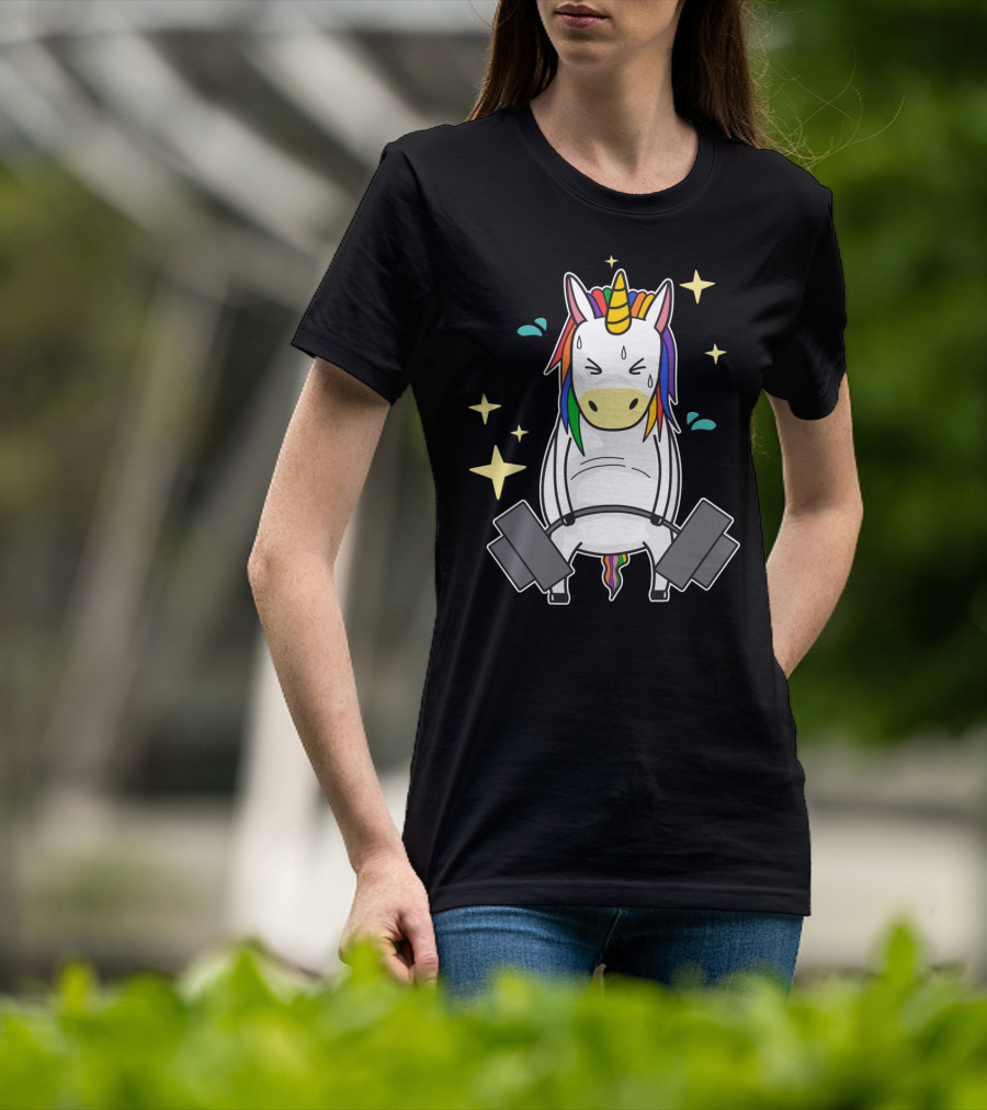 Unicorn Weightlifting Fitness Gym Sweat Rainbow Mane Stars T-Shirt
