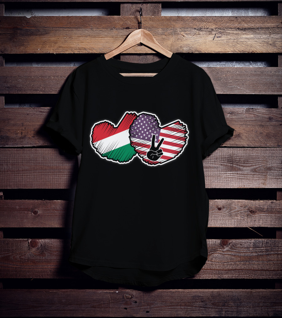 Peace Sign With Hungarian And American Heart-Shaped National Flags T-Shirt