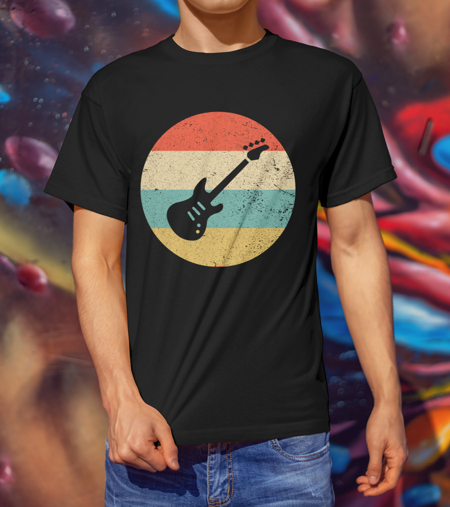 Vintage Retro Bass Guitar Silhouette Sunset Stripes T-Shirt