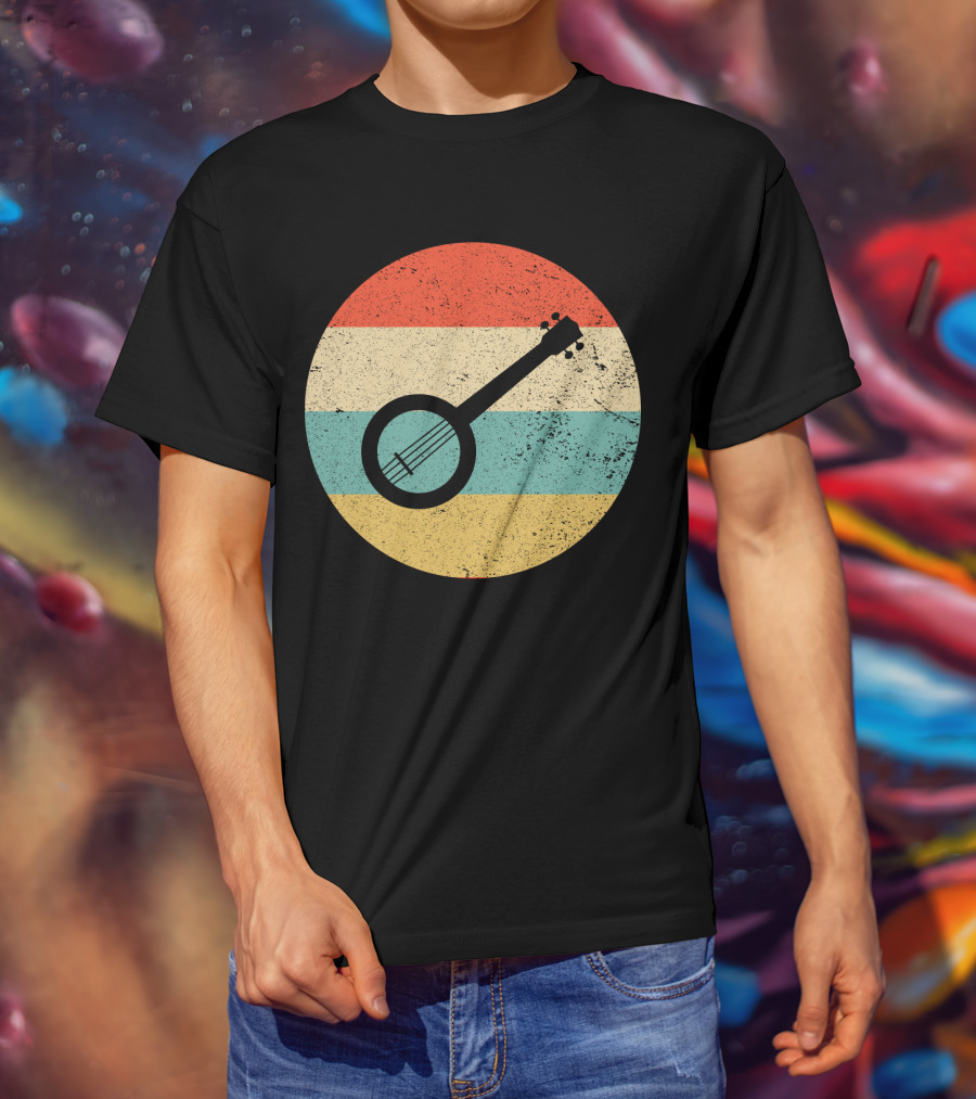 Retro Banjo Silhouette On Vintage Striped Circle T-Shirt