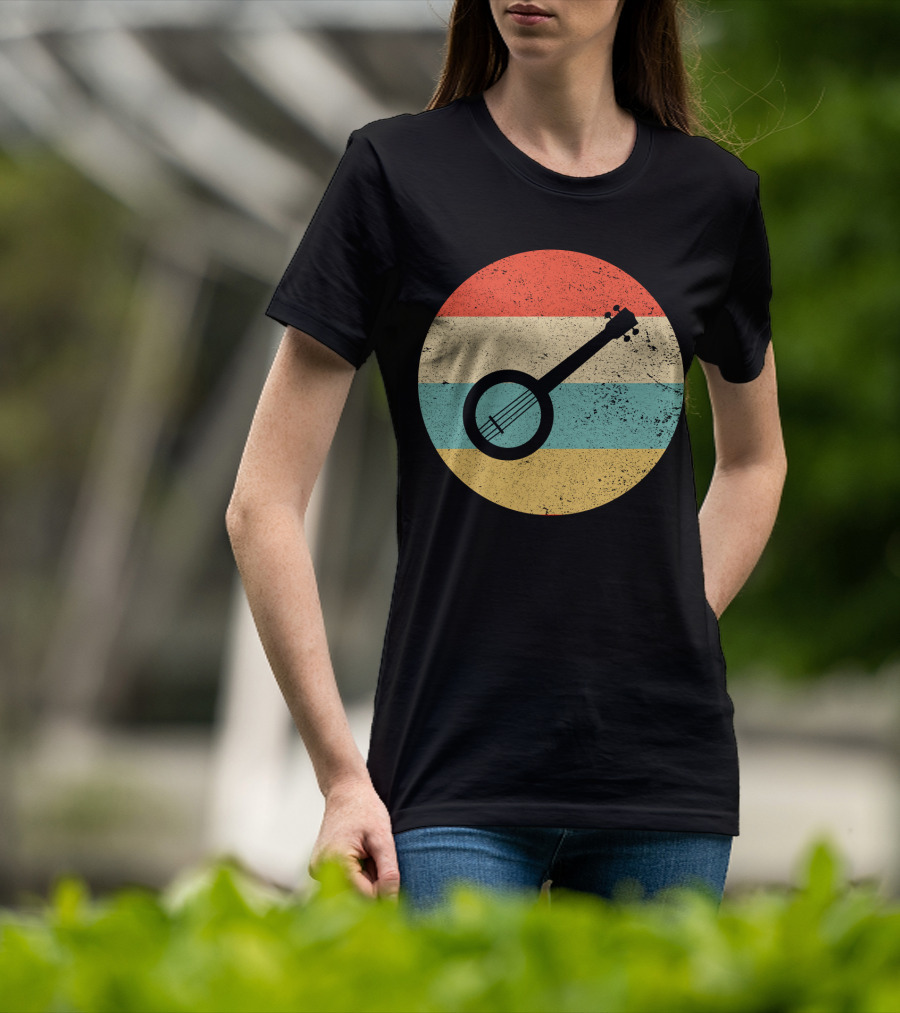 Retro Banjo Silhouette On Vintage Striped Circle T-Shirt