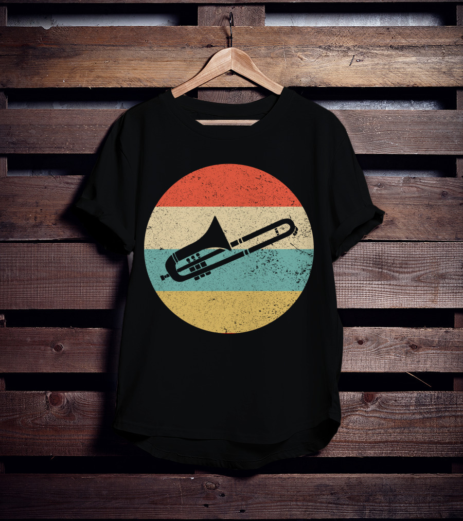 Vintage Retro Trombone Graphic On Striped Circle Background T-Shirt
