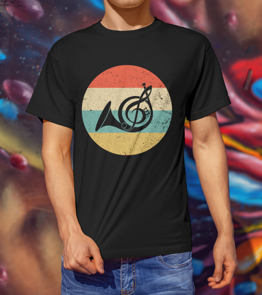 Vintage Retro Treble Clef French Horn Circle T-Shirt