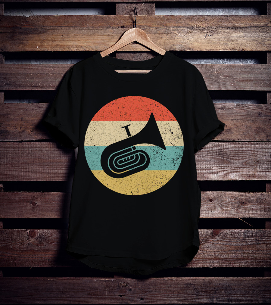 Vintage Retro Tuba Circle With Distressed Rainbow Stripes Background T-Shirt