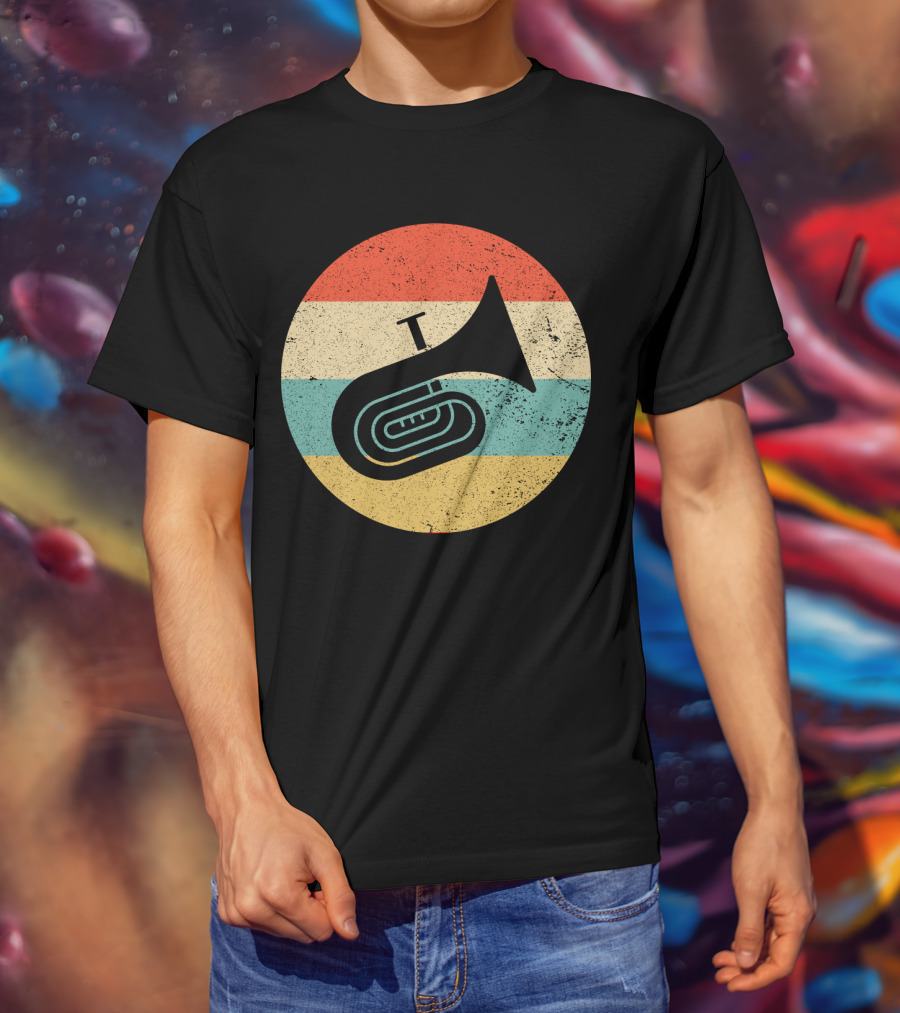 Vintage Retro Tuba Circle With Distressed Rainbow Stripes Background T-Shirt