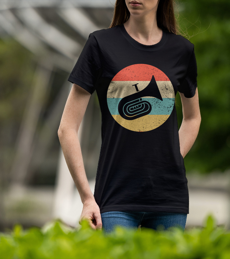Vintage Retro Tuba Circle With Distressed Rainbow Stripes Background T-Shirt