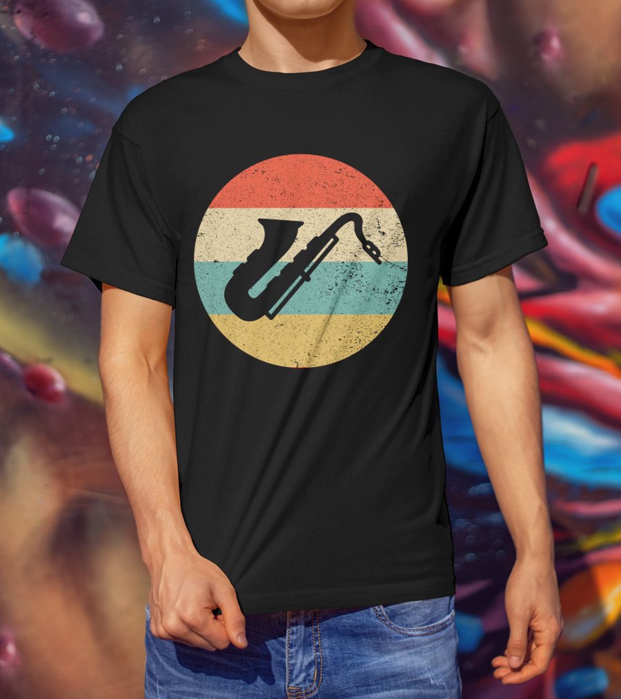 Retro Saxophone Circle Stripes Vintage T-Shirt