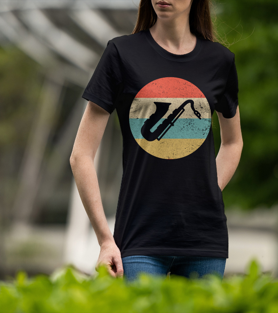 Retro Saxophone Circle Stripes Vintage T-Shirt