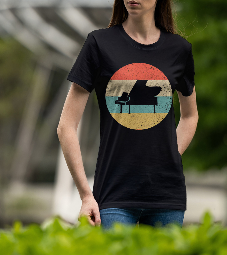 Vintage Retro Piano Silhouette With Stripes T-Shirt