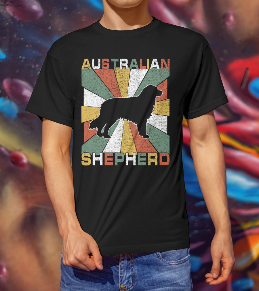 Australian Shepherd Dog Silhouette Retro 70s T-Shirt