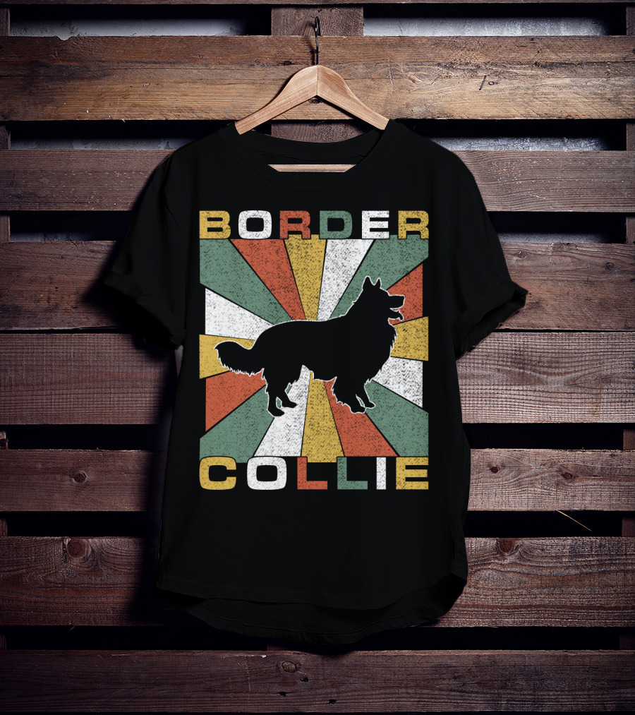 Border Collie Retro 70s Silhouette Radiant Stripes T-Shirt