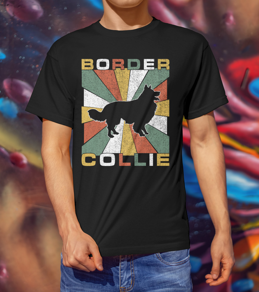 Border Collie Retro 70s Silhouette Radiant Stripes T-Shirt