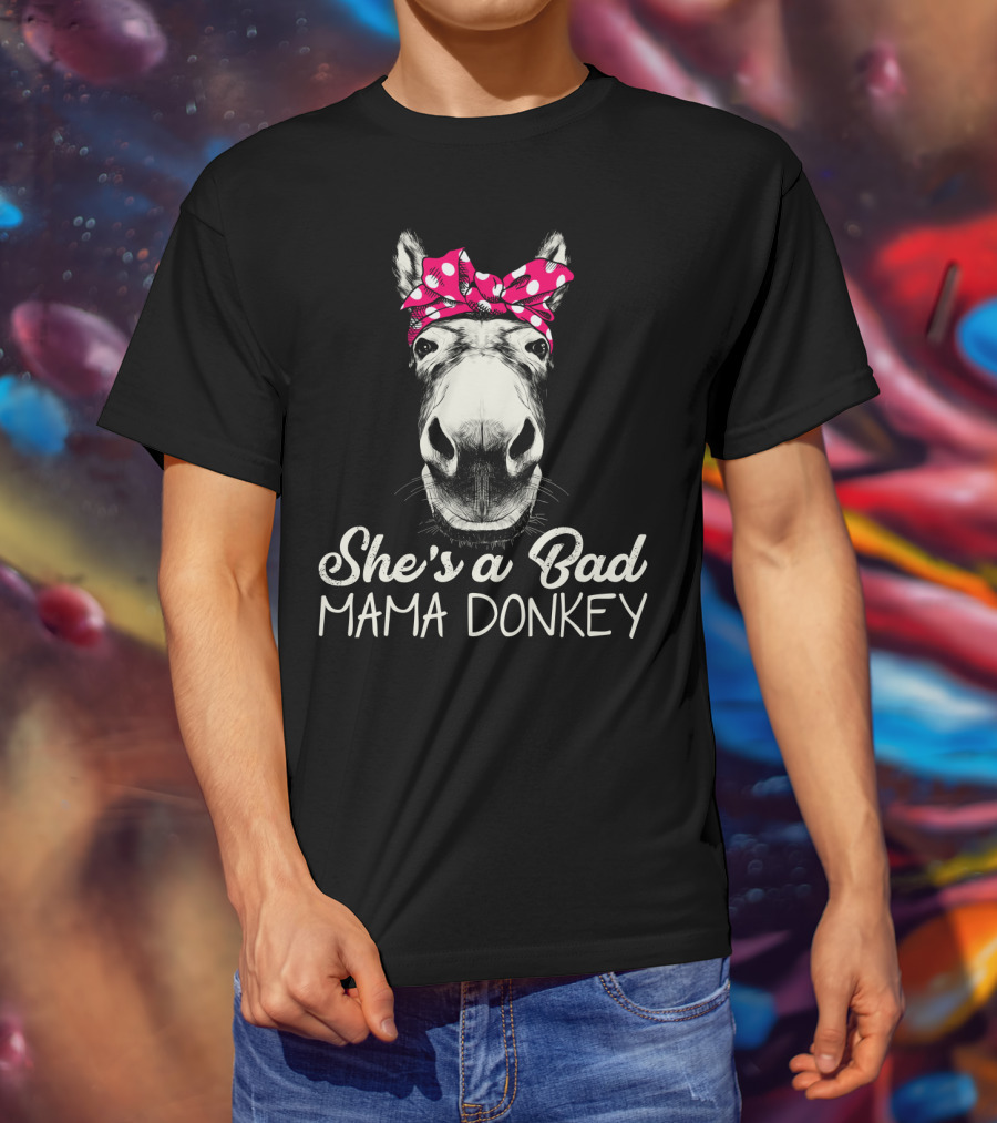 She's A Bad Mama Donkey With Pink Polka Dot Bandana T-Shirt