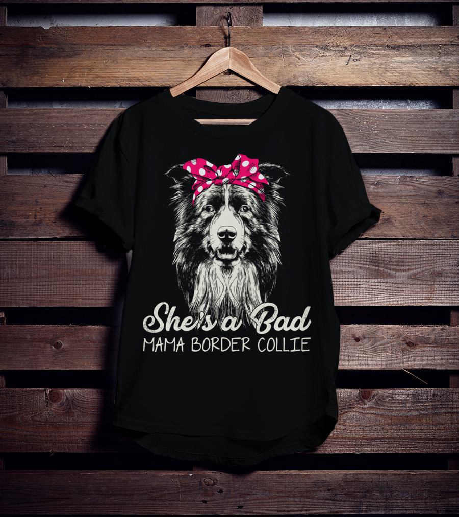 She's A Bad Mama Border Collie Retro Polka Dot Bandana T-Shirt