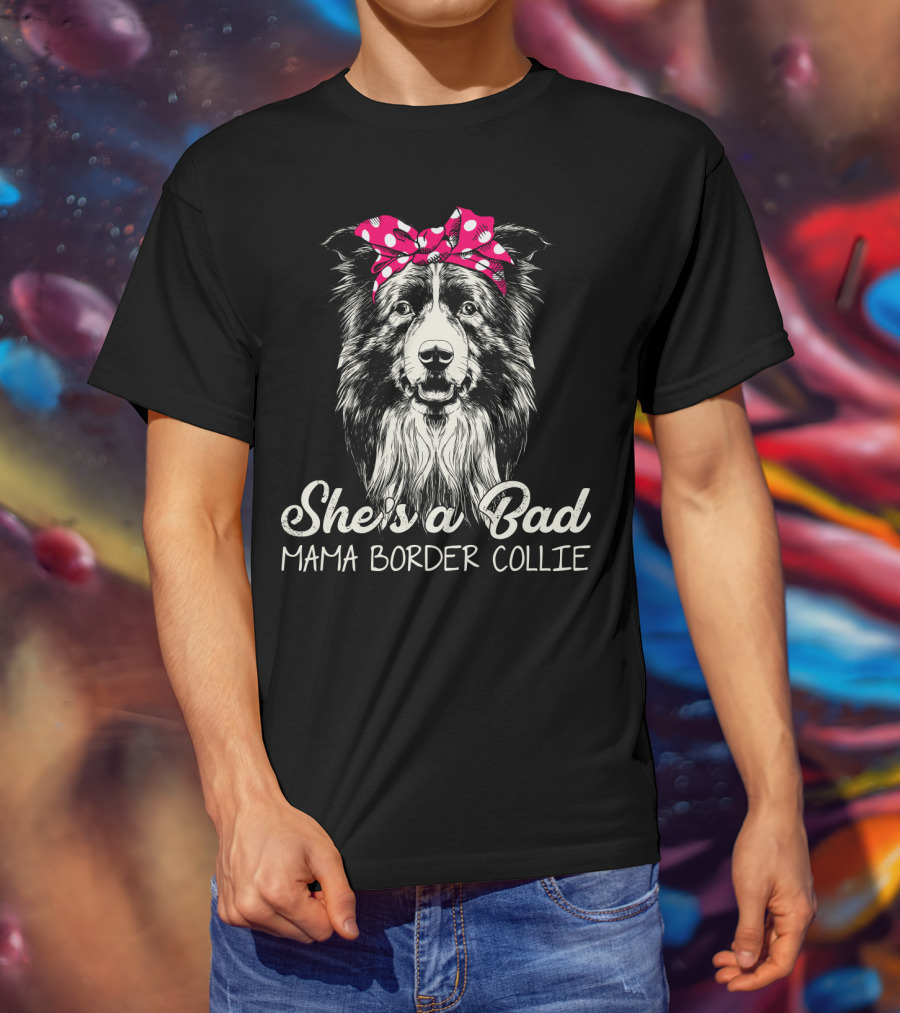 She's A Bad Mama Border Collie Retro Polka Dot Bandana T-Shirt