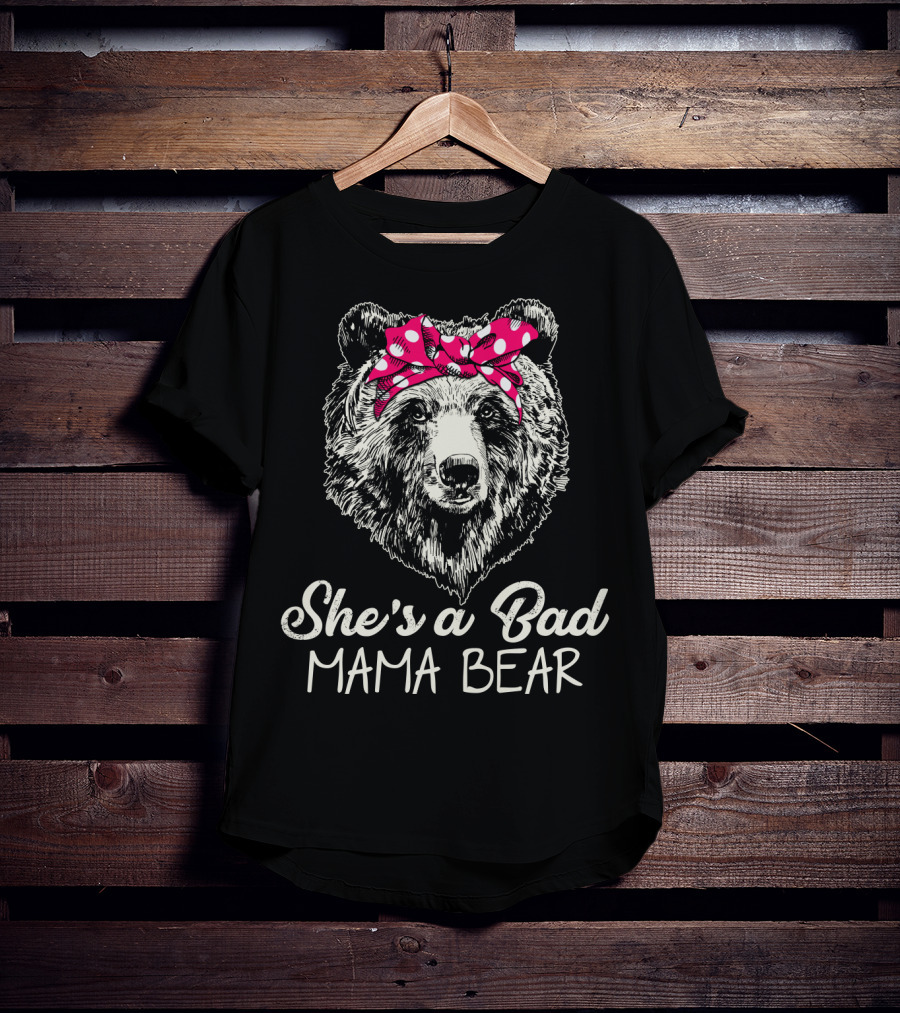 She's A Bad Mama Bear With Polka Dot Bow T-Shirt