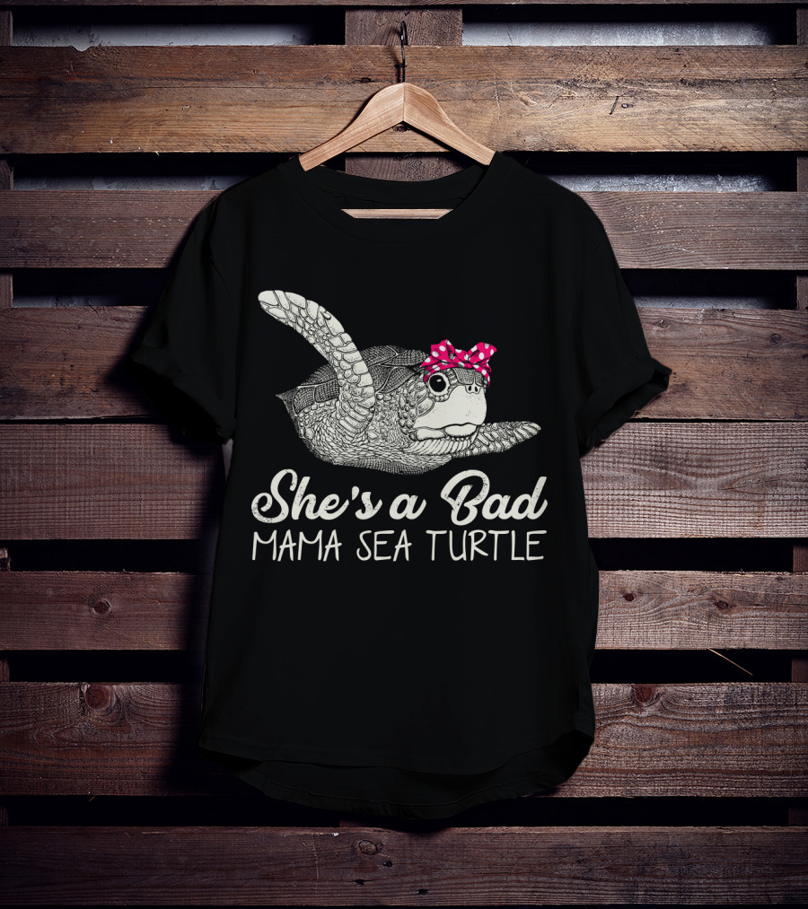 She's A Bad Mama Sea Turtle With Pink Polka Dot Bow T-Shirt
