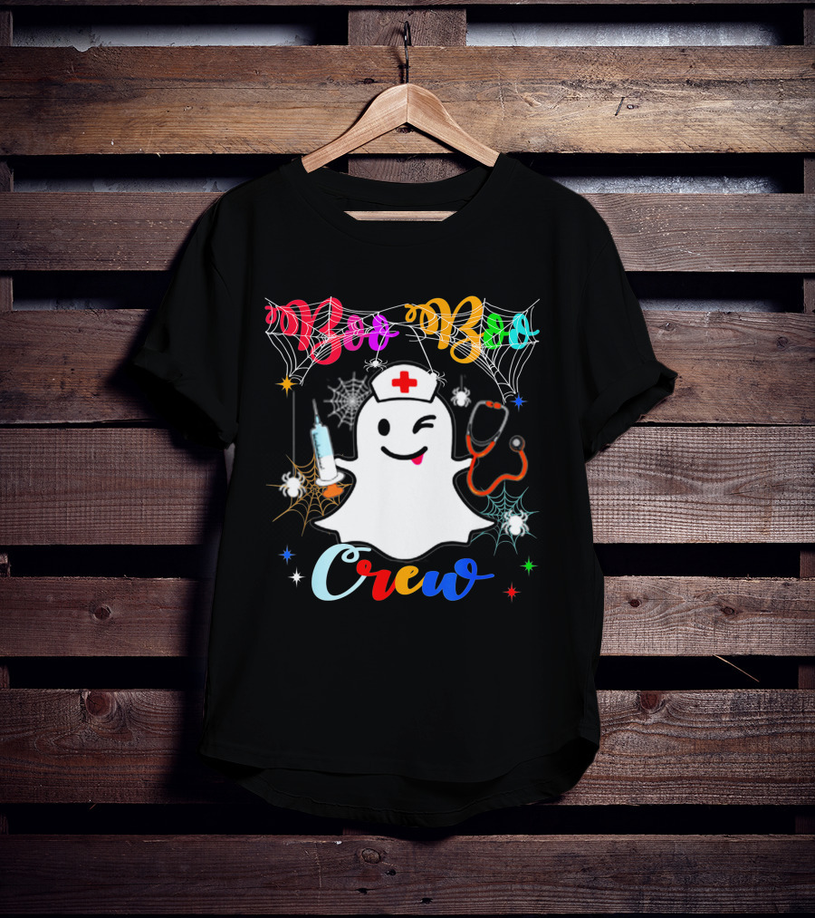 Boo Boo Crew Ghost Nurse Winking With Stethoscope And Syringe Halloween Spider Webs T-Shirt
