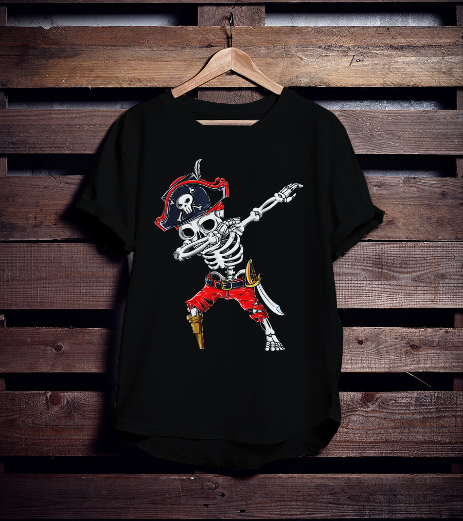 Dabbing Skeleton Pirate With Skull Hat And Sword T-Shirt