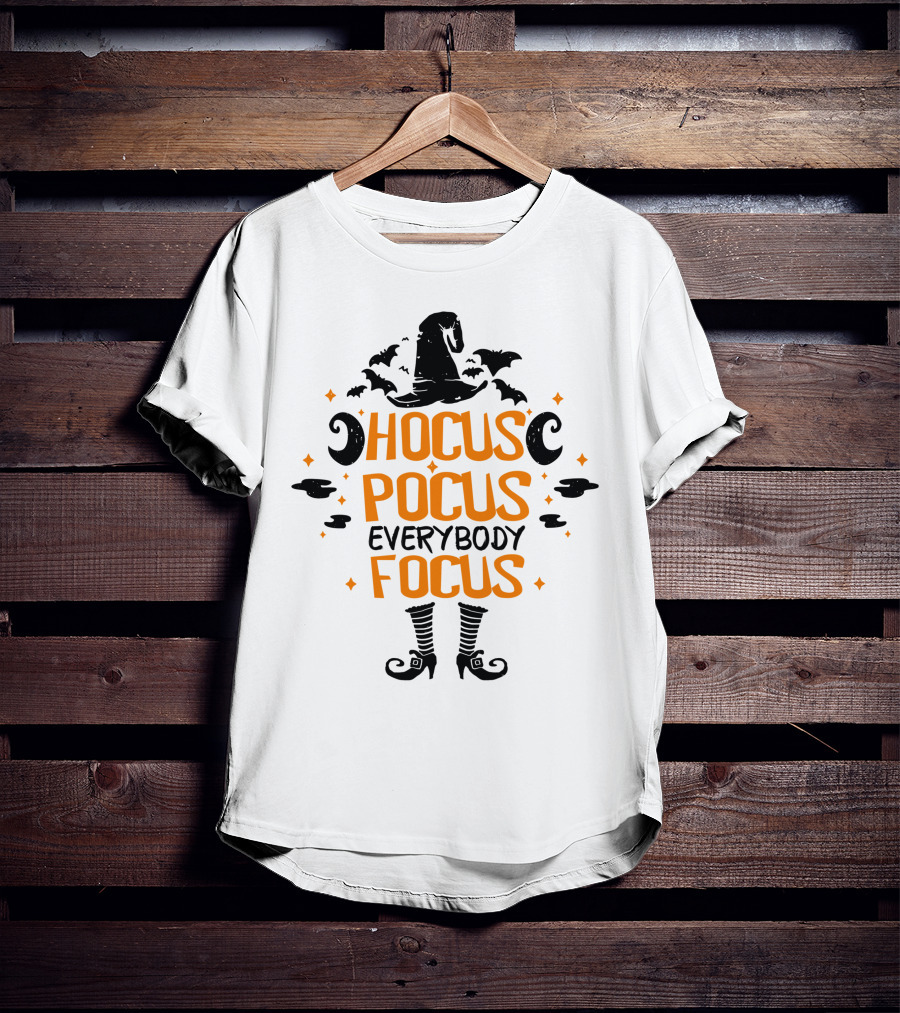 Halloween Hocus Pocus Everybody Focus Funny Teacher Witch Hat Bats Boots T-Shirt