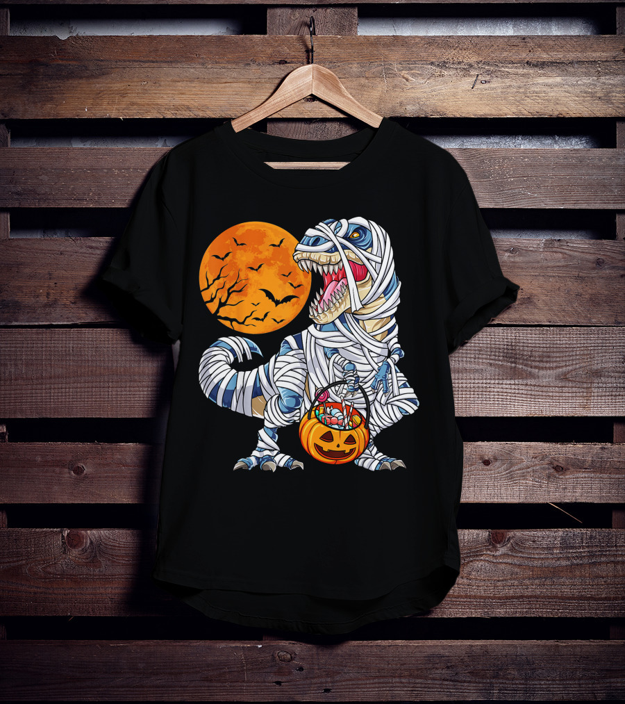 Halloween Dinosaur T-Rex Mummy Pumpkin Moon Bats T-Shirt