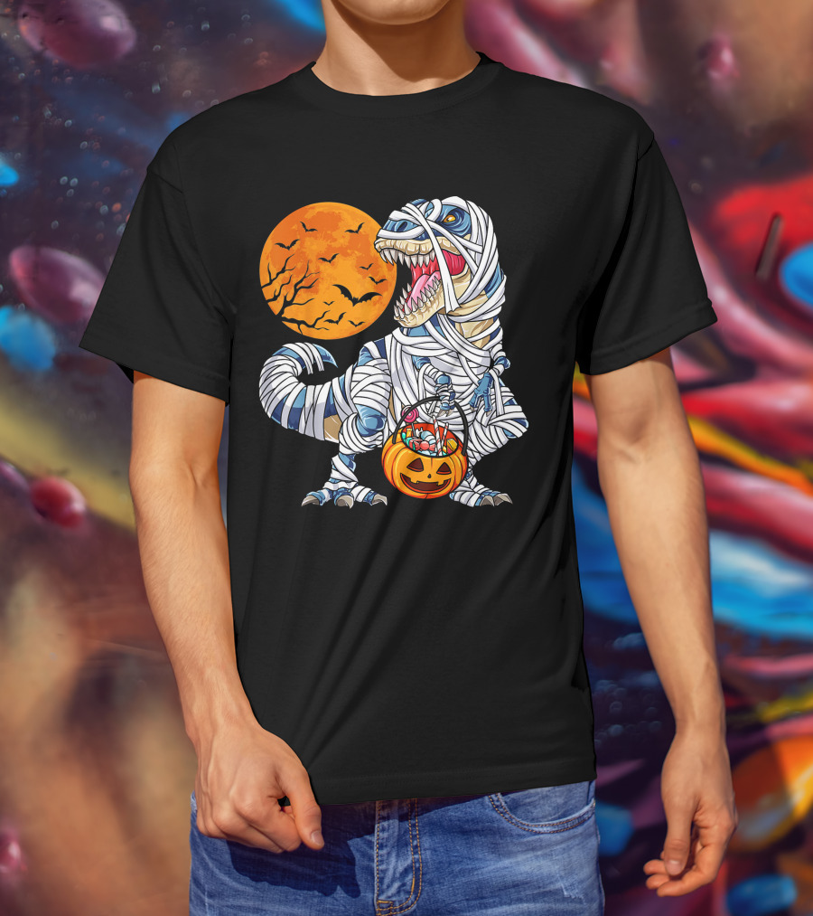 Halloween Dinosaur T-Rex Mummy Pumpkin Moon Bats T-Shirt