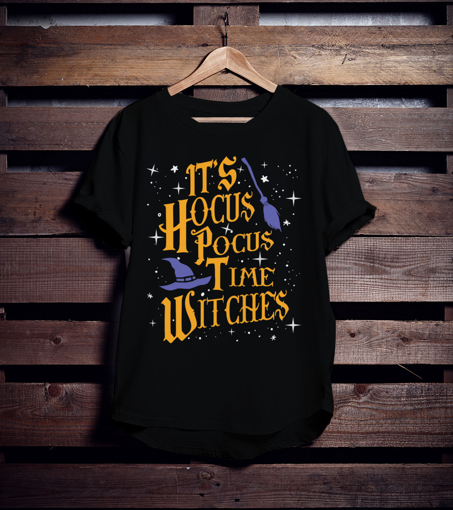 Halloween It's Hocus Pocus Time Witches With Stars Broom And Hat T-Shirt