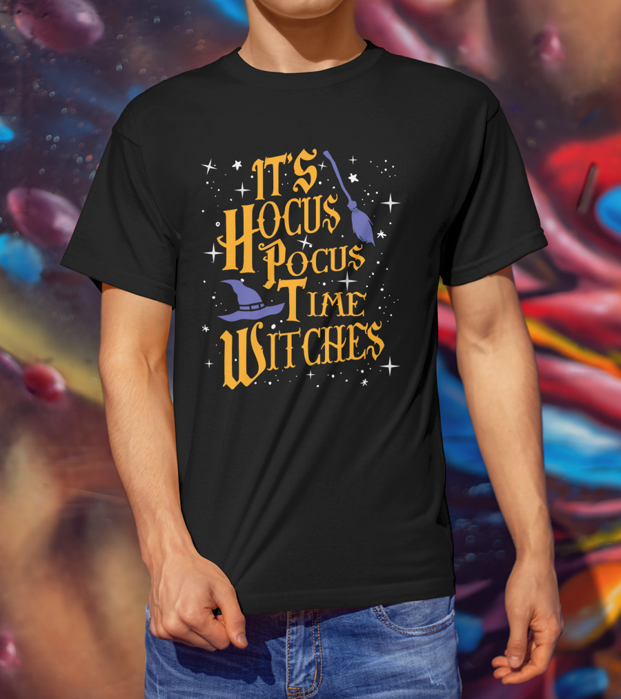 Halloween It's Hocus Pocus Time Witches With Stars Broom And Hat T-Shirt