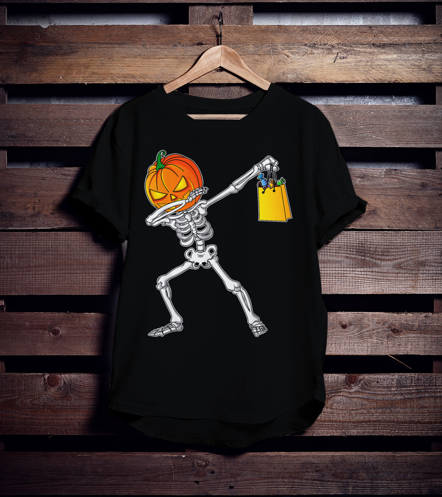 Funny Dabbing Skeleton With Pumpkin Head And Candy Bag For Halloween Kids T-Shirt