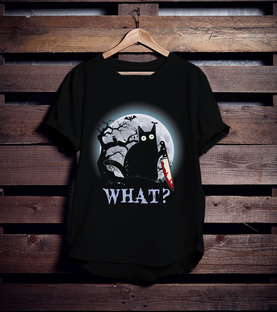 What? Black Cat With Knife Moon Halloween Scene T-Shirt