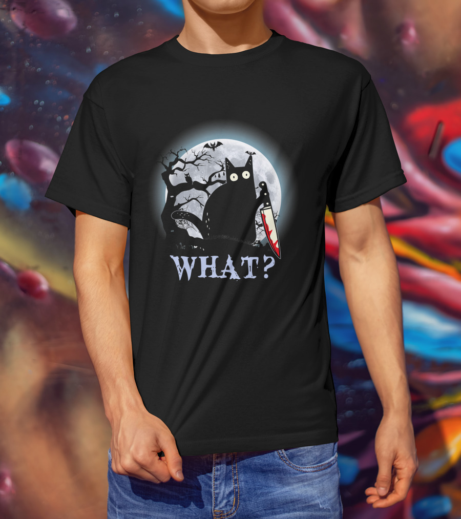 What? Black Cat With Knife Moon Halloween Scene T-Shirt