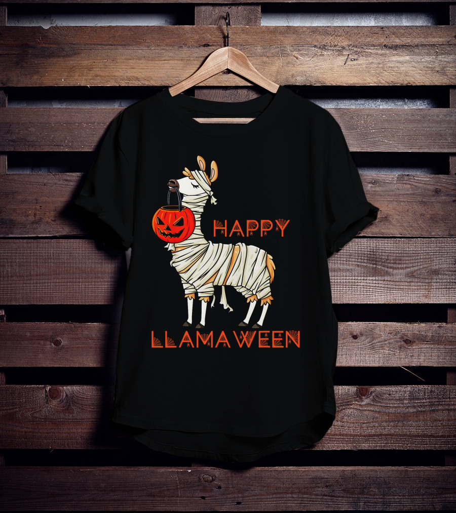 Happy Llamaween Funny Halloween Mummy Llama With Pumpkin Girls T-Shirt