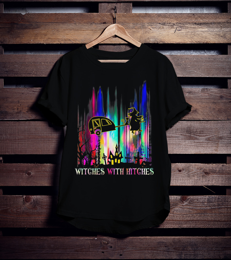 Witches With Hitches Halloween Camping Scene With Colorful Background T-Shirt