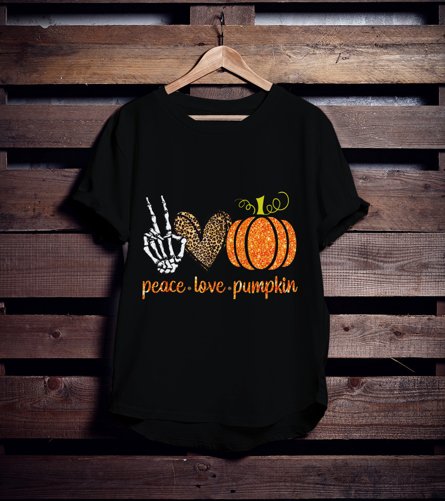 Peace Love Pumpkin Halloween Fall Girls Skeleton Leopard Print T-Shirt