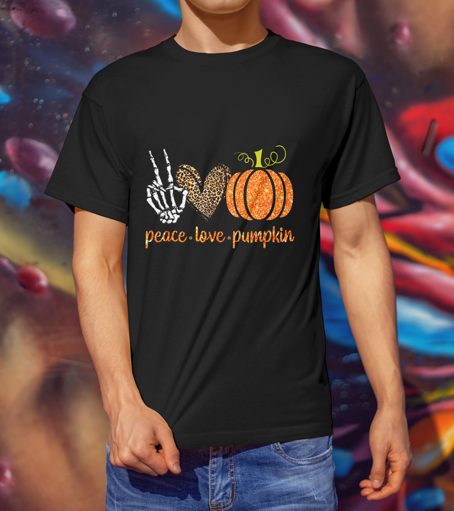 Peace Love Pumpkin Halloween Fall Girls Skeleton Leopard Print T-Shirt