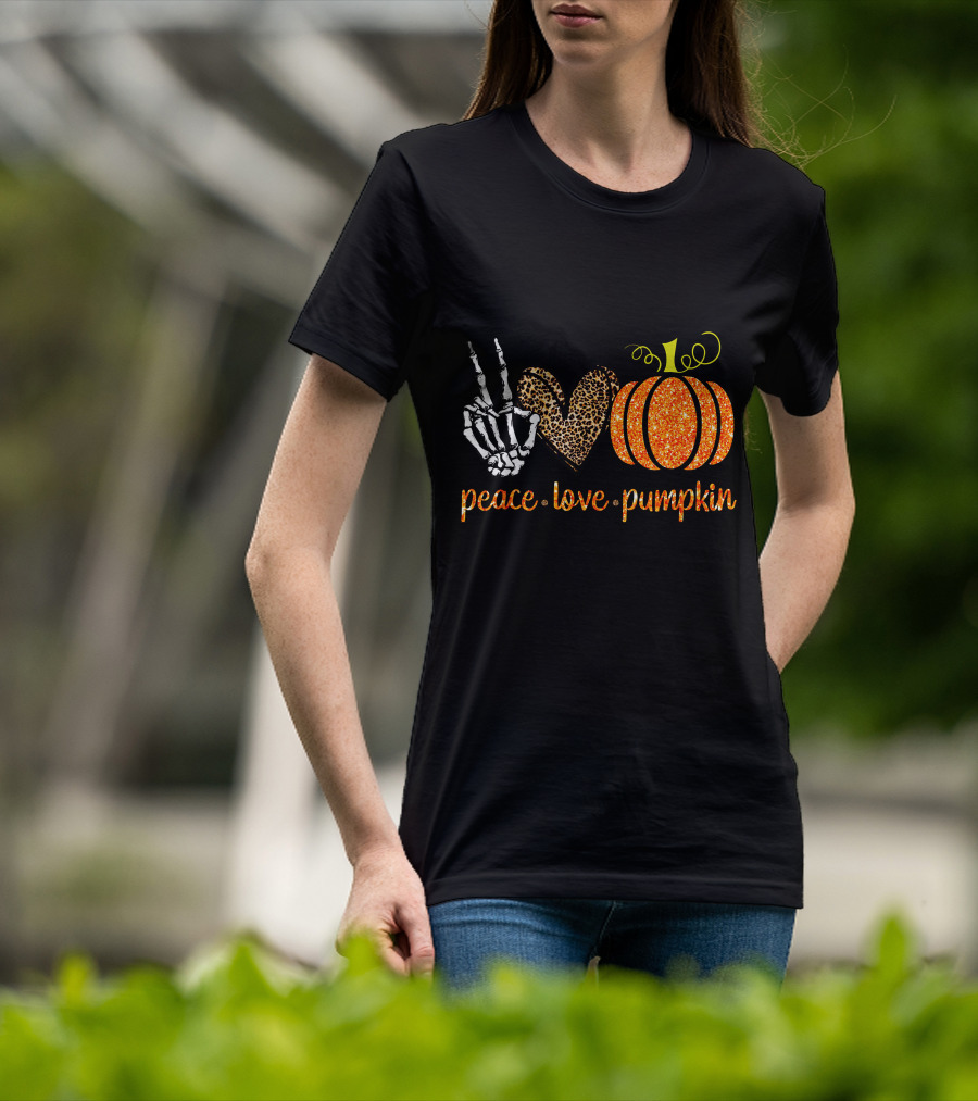 Peace Love Pumpkin Halloween Fall Girls Skeleton Leopard Print T-Shirt