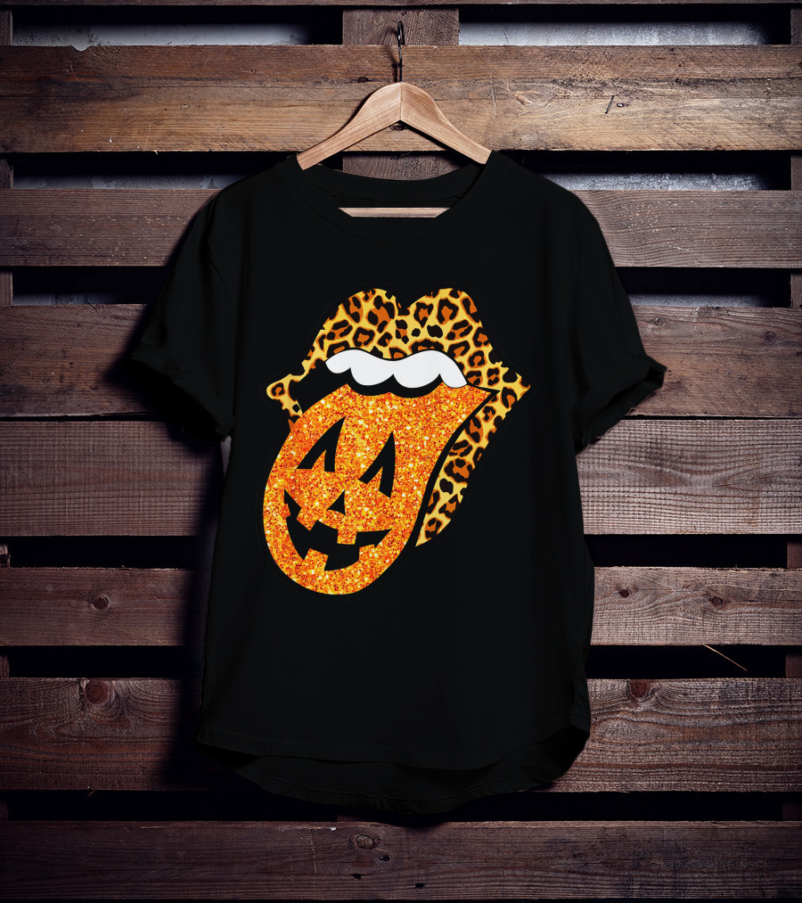 Leopard Lips Pumpkin Tongue Halloween Jack-O'-Lantern Face T-Shirt