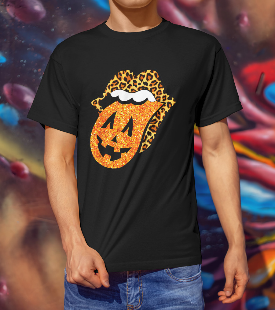 Leopard Lips Pumpkin Tongue Halloween Jack-O'-Lantern Face T-Shirt