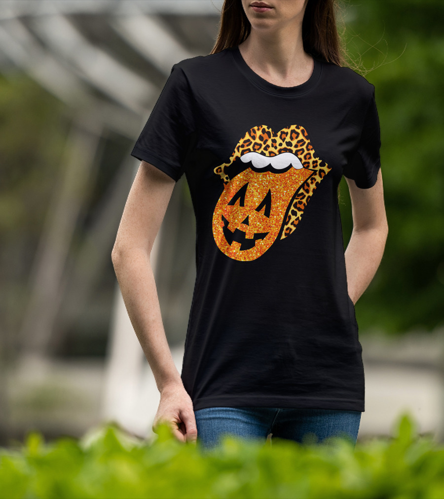 Leopard Lips Pumpkin Tongue Halloween Jack-O'-Lantern Face T-Shirt