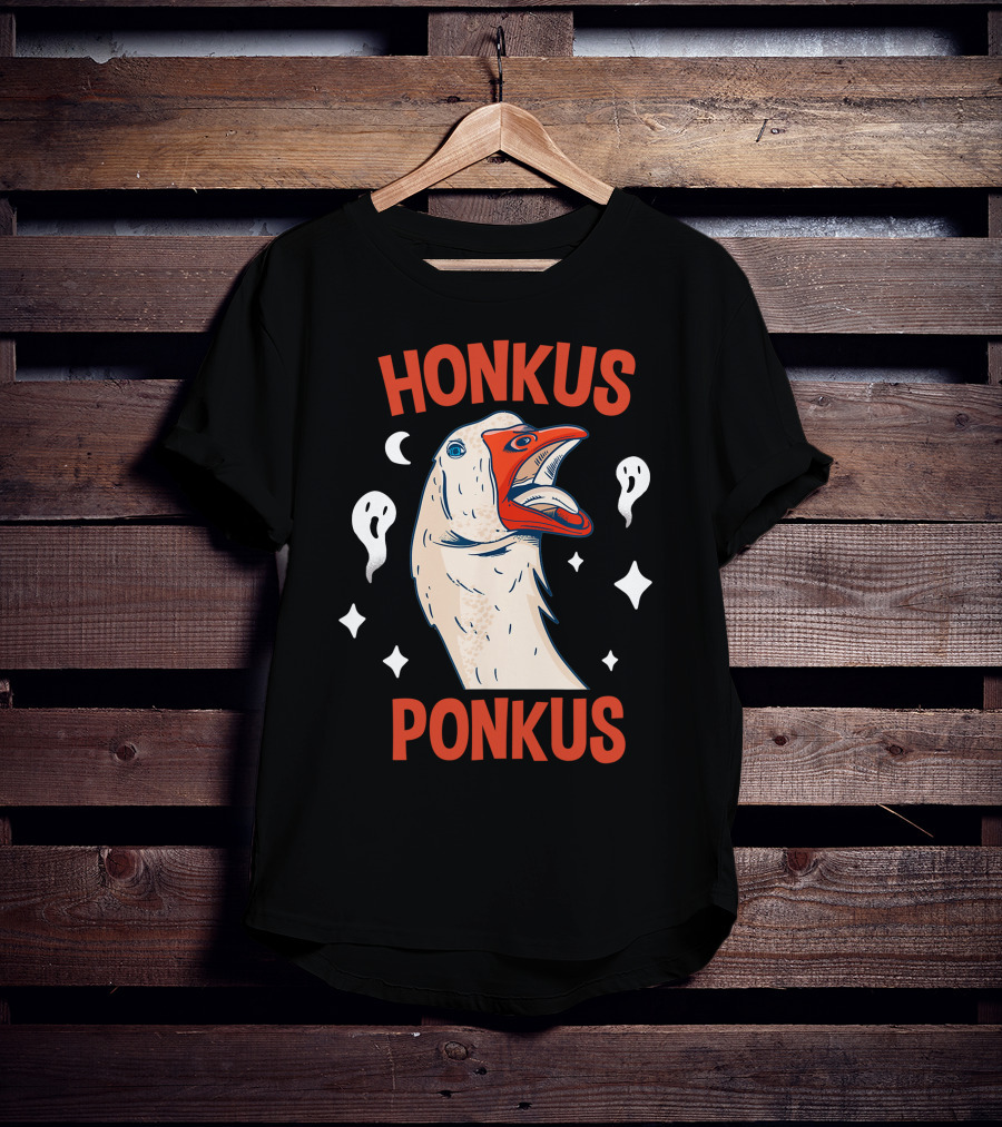 Honkus Ponkus Funny Halloween Duck With Ghosts And Stars T-Shirt