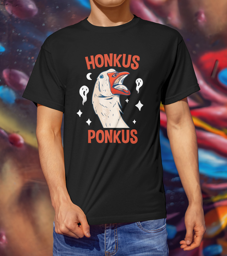 Honkus Ponkus Funny Halloween Duck With Ghosts And Stars T-Shirt