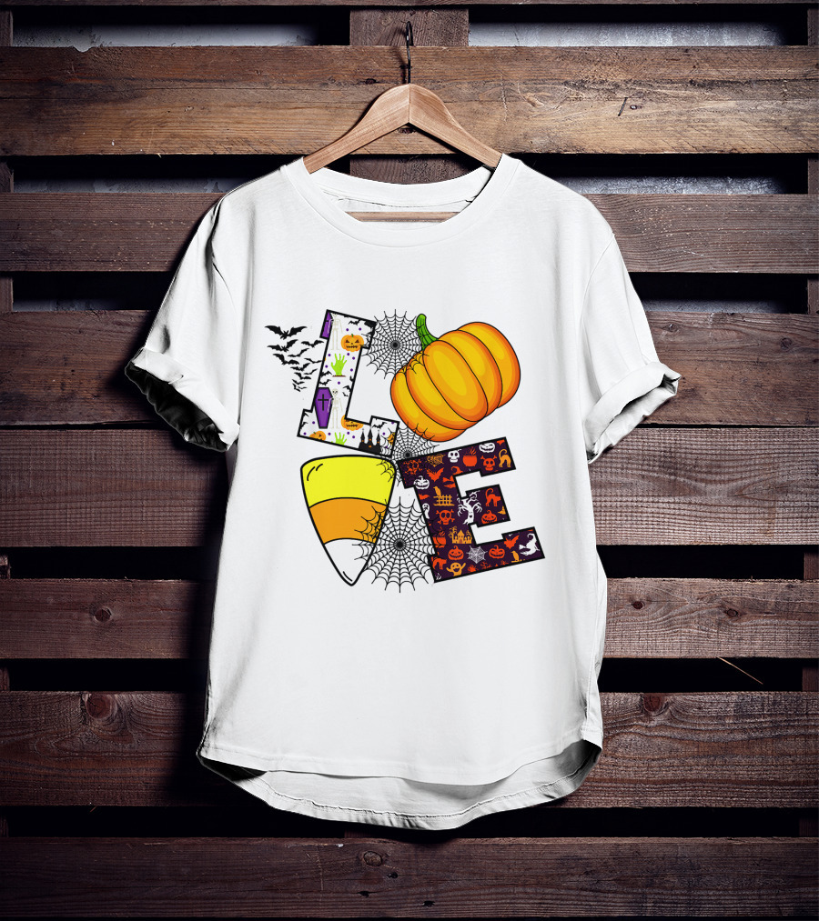 Love Pumpkin Candy Corn Halloween Spiderweb Bats Ghosts T-Shirt
