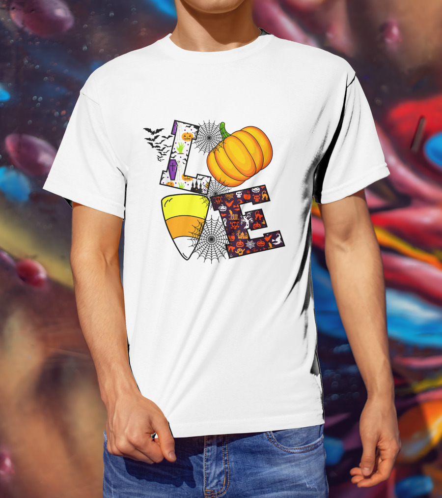 Love Pumpkin Candy Corn Halloween Spiderweb Bats Ghosts T-Shirt