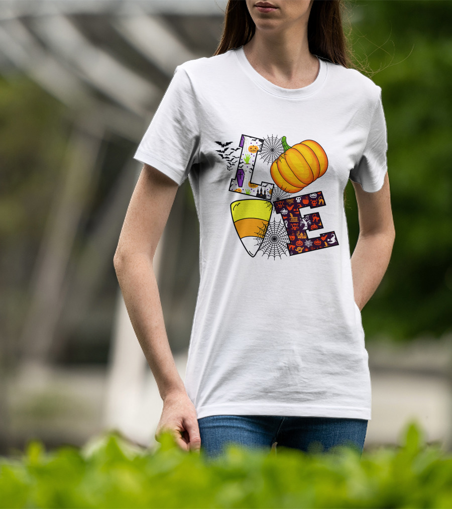 Love Pumpkin Candy Corn Halloween Spiderweb Bats Ghosts T-Shirt
