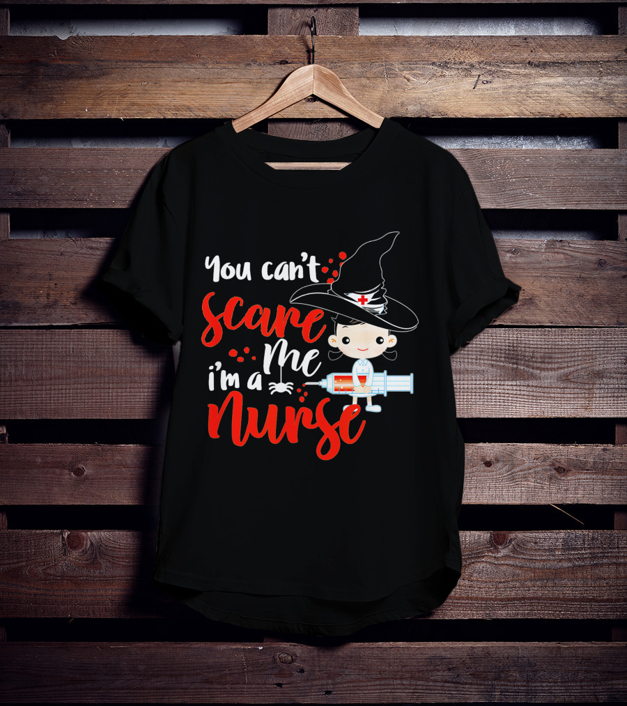 You Can't Scare Me I'm A Nurse Halloween Witch Hat Syringe T-Shirt
