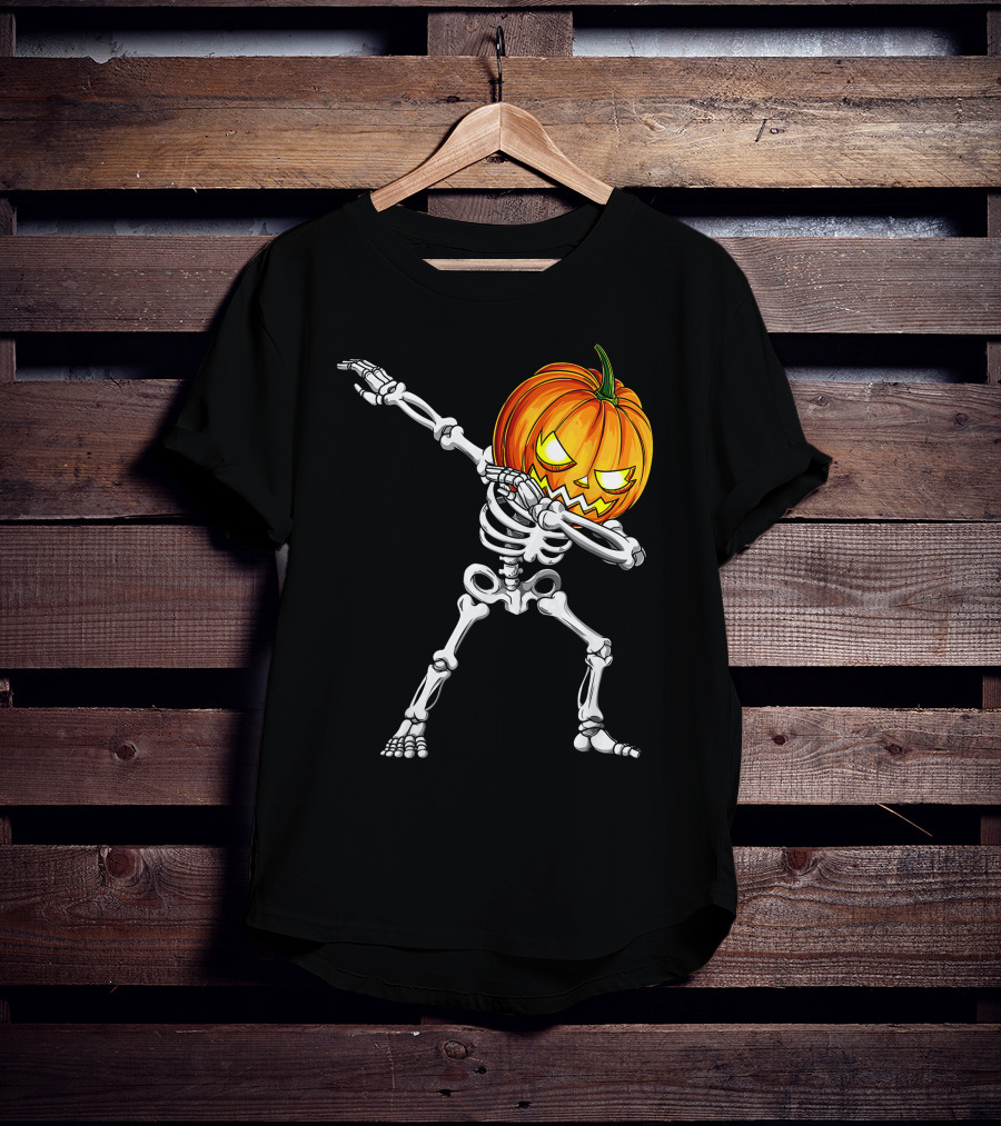 Halloween Dabbing Skeleton With Pumpkin Head T-Shirt