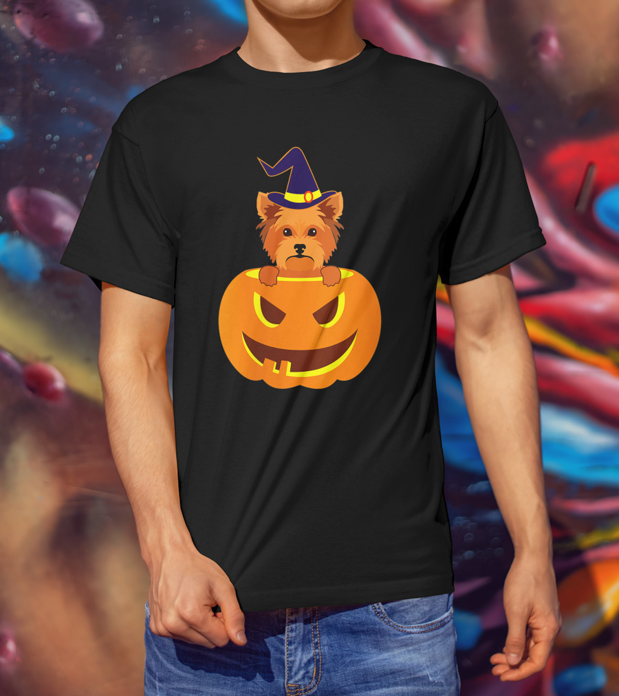 Yorkie Witch Hat Pumpkin Halloween Yorkshire Terrier T-Shirt
