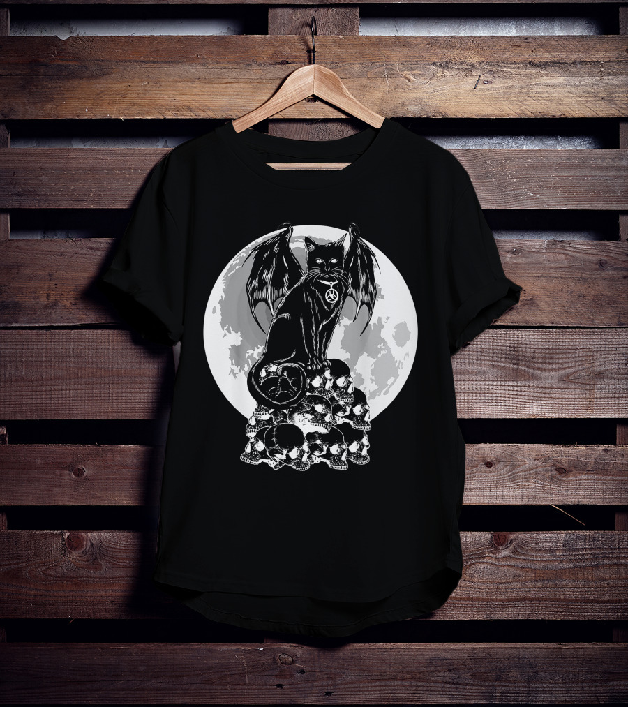 Halloween Cat Wings Skulls Moon Creepy Peace Sign T-Shirt