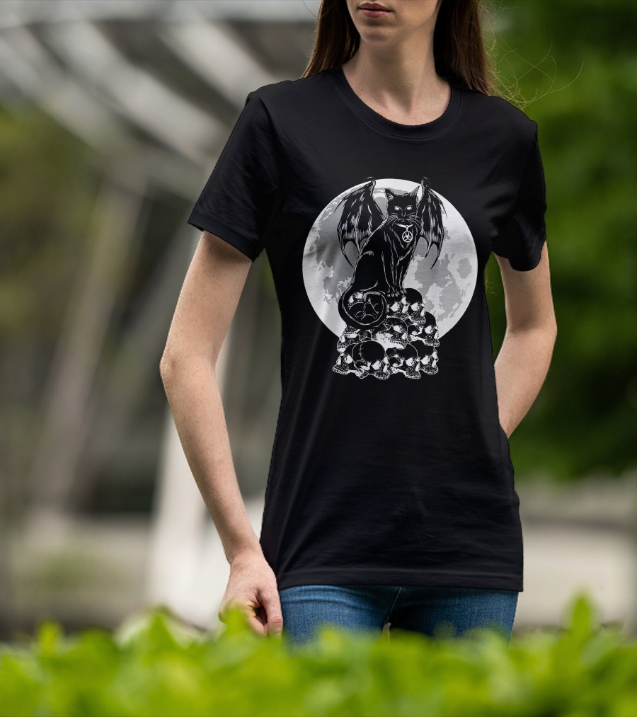 Halloween Cat Wings Skulls Moon Creepy Peace Sign T-Shirt