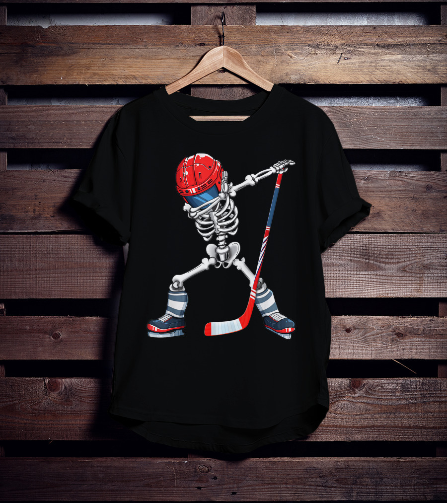 Dabbing Skeleton Ice Hockey Player Helmet And Stick T-Shirt